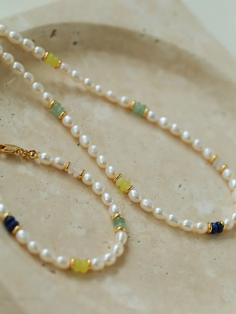 Colored Gemstone and Rice Pearl Beaded Necklace