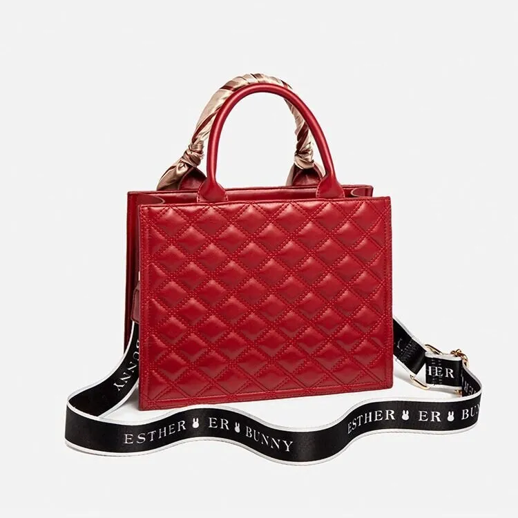 Cute Red Minimalist Geometric Pattern Rhombus Luxury Genuine Leather Pearl Strap Decor Handheld Handbag for Women   Satin Scarf Decor