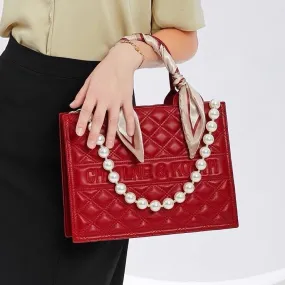 Cute Red Minimalist Geometric Pattern Rhombus Luxury Genuine Leather Pearl Strap Decor Handheld Handbag for Women   Satin Scarf Decor