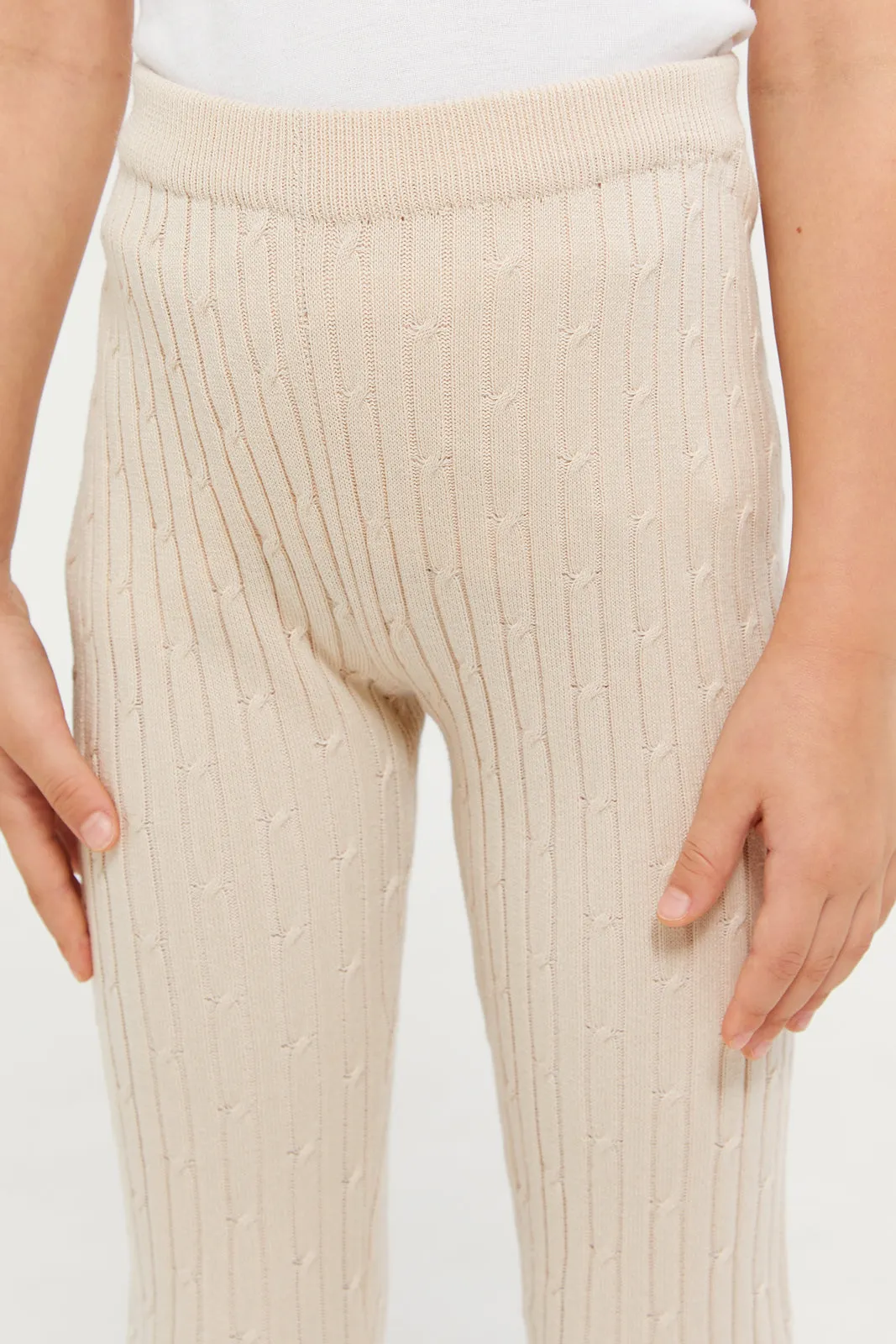 Girls Beige Cable Knit Leggings