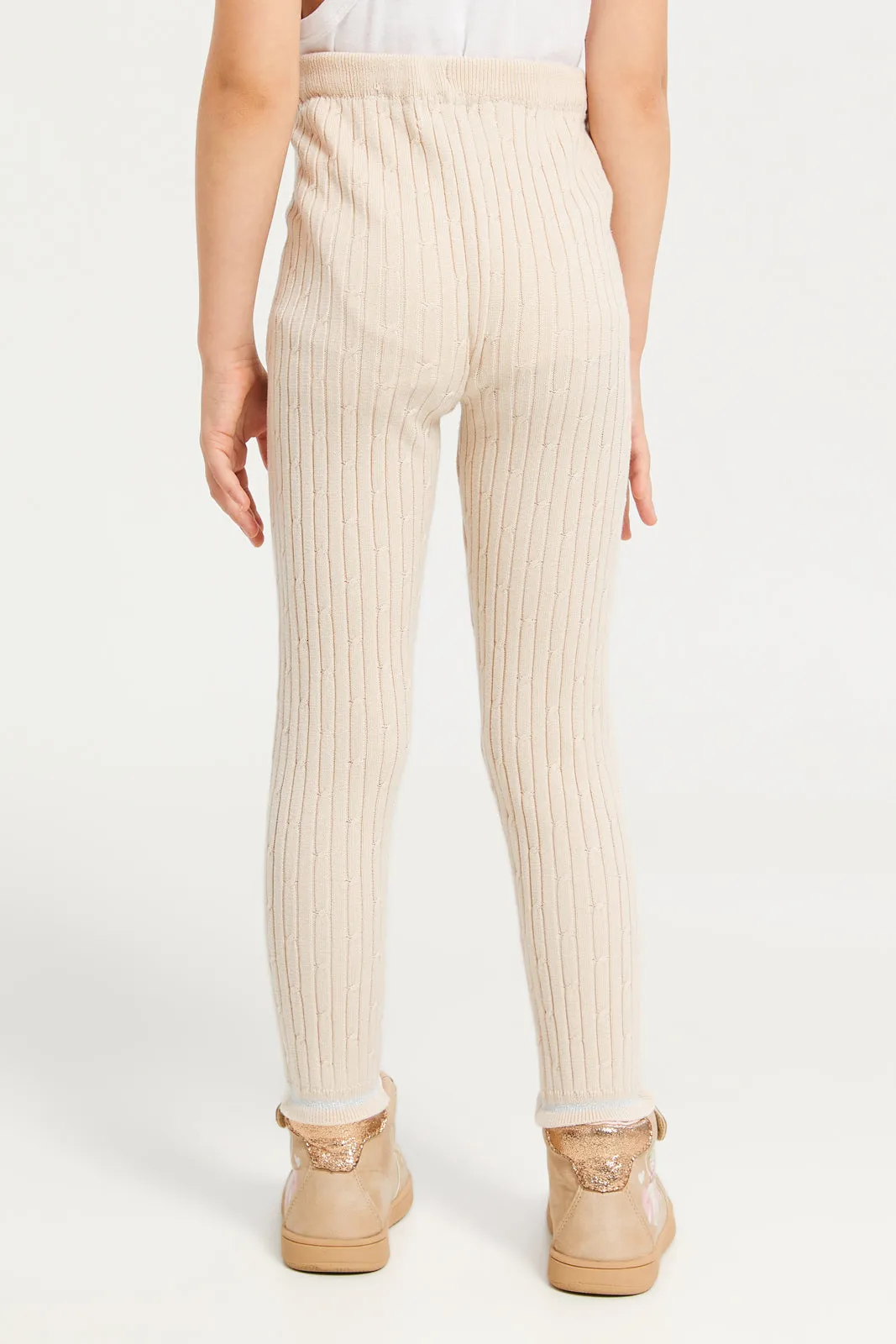 Girls Beige Cable Knit Leggings