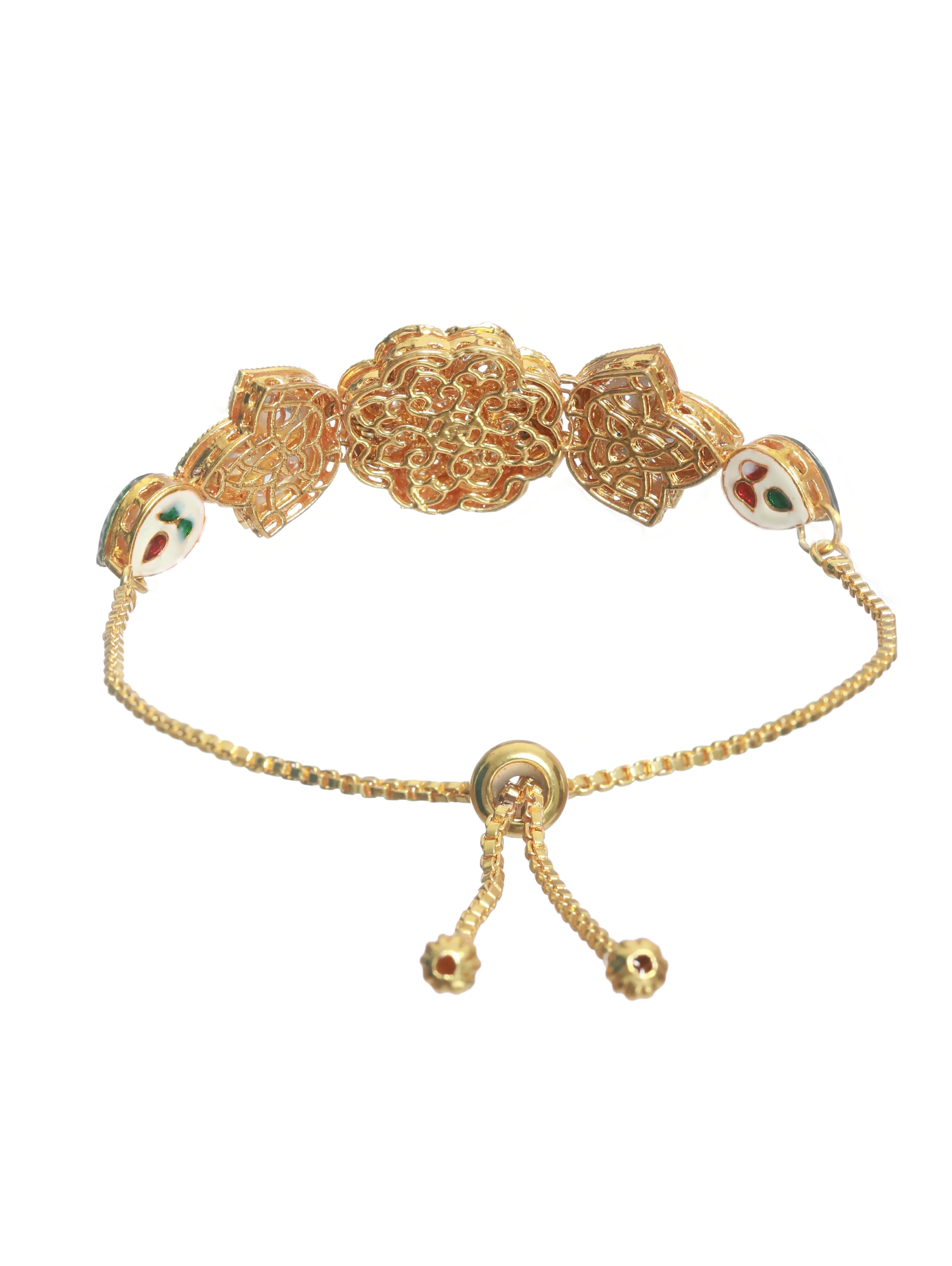 Gold Plated Kundan Studded ,Floral Pattern Black Adjustable Bracelet