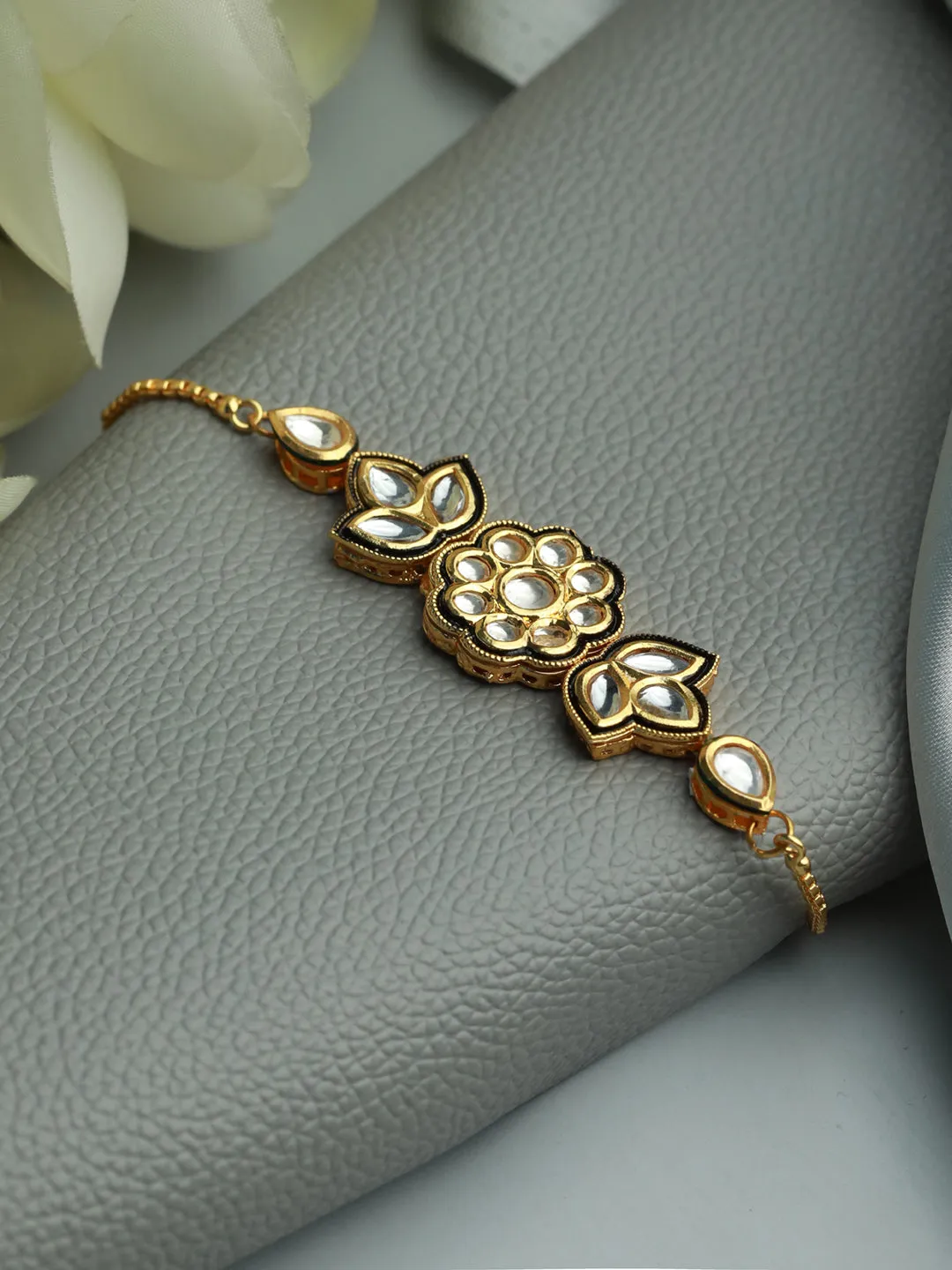 Gold Plated Kundan Studded ,Floral Pattern Black Adjustable Bracelet