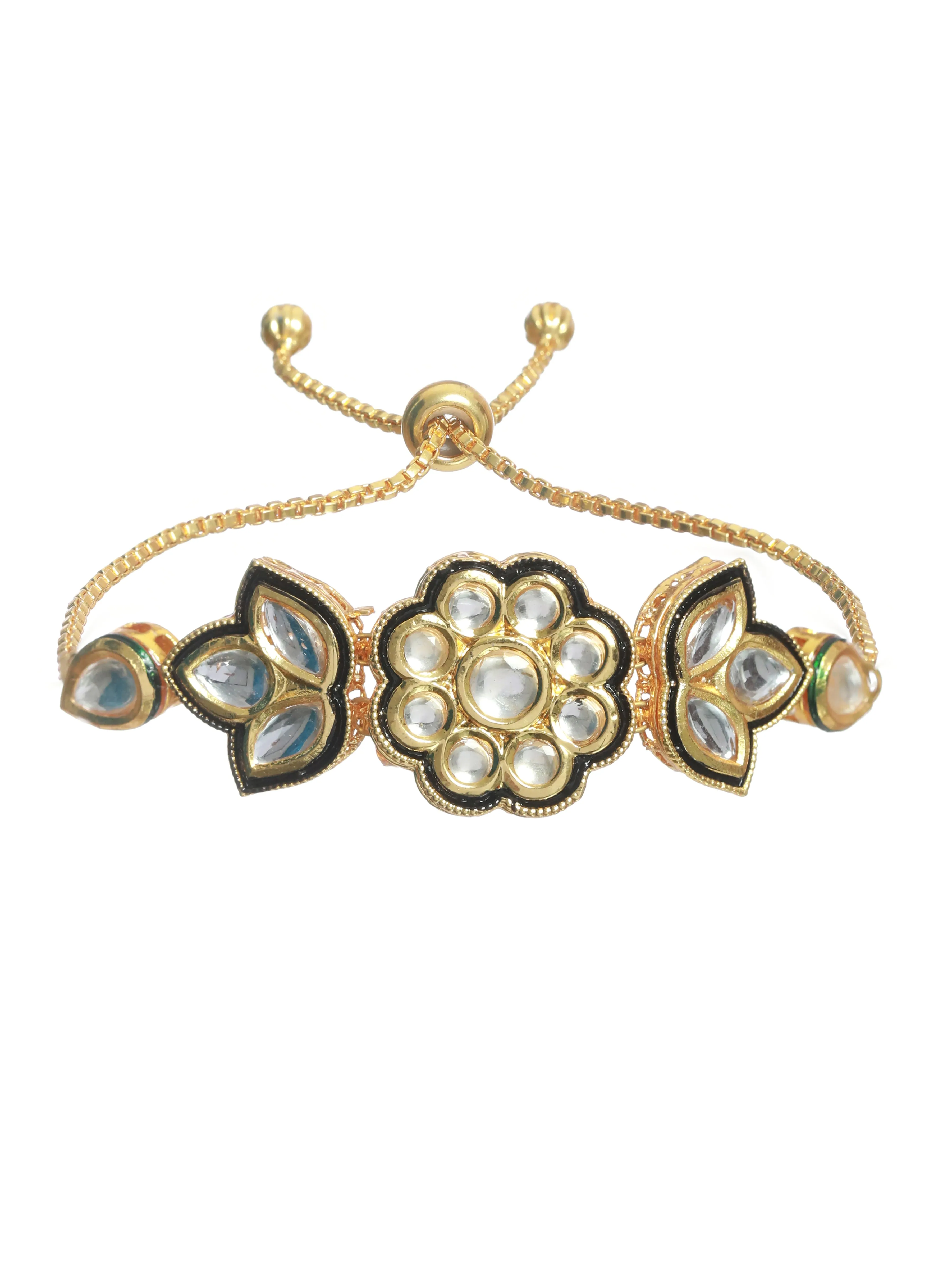 Gold Plated Kundan Studded ,Floral Pattern Black Adjustable Bracelet