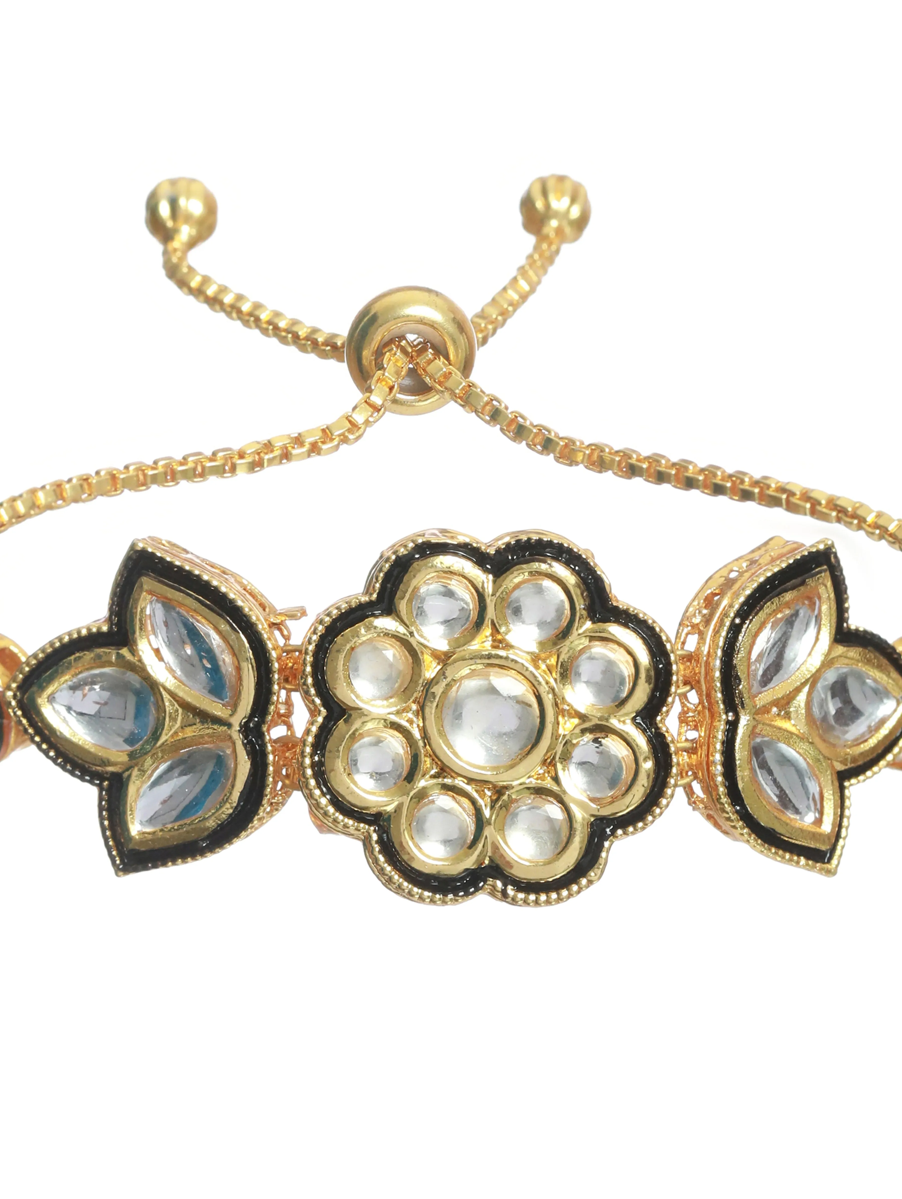 Gold Plated Kundan Studded ,Floral Pattern Black Adjustable Bracelet