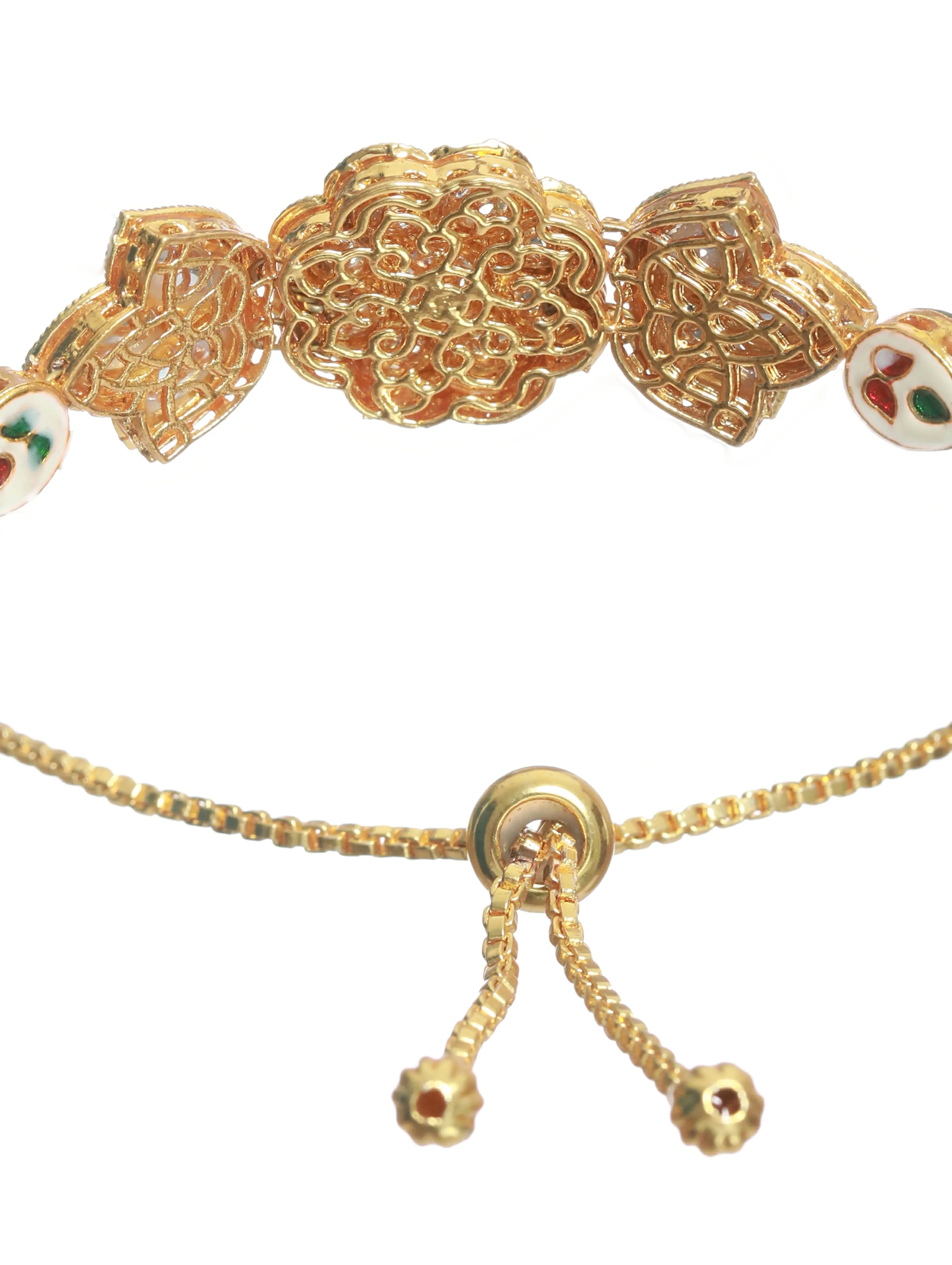 Gold Plated Kundan Studded ,Floral Pattern Black Adjustable Bracelet