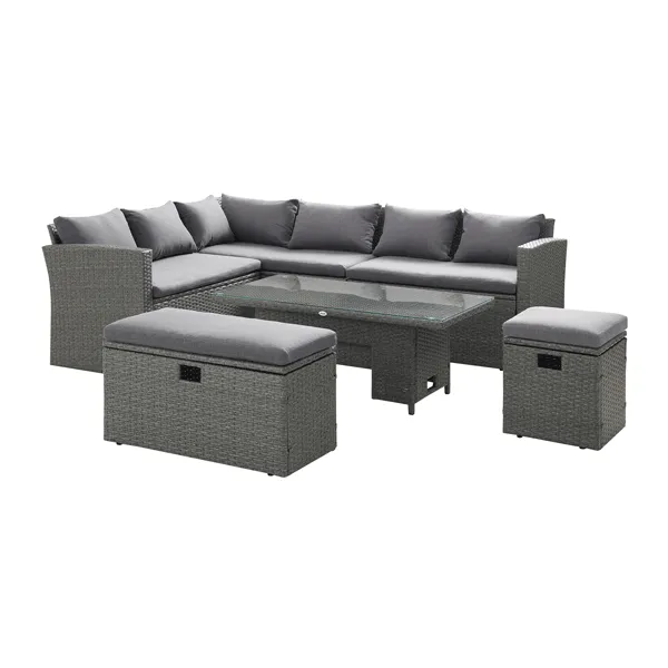 Granchester Rattan Rectangular Corner Dining Sofa Set with Rising Table, Grey