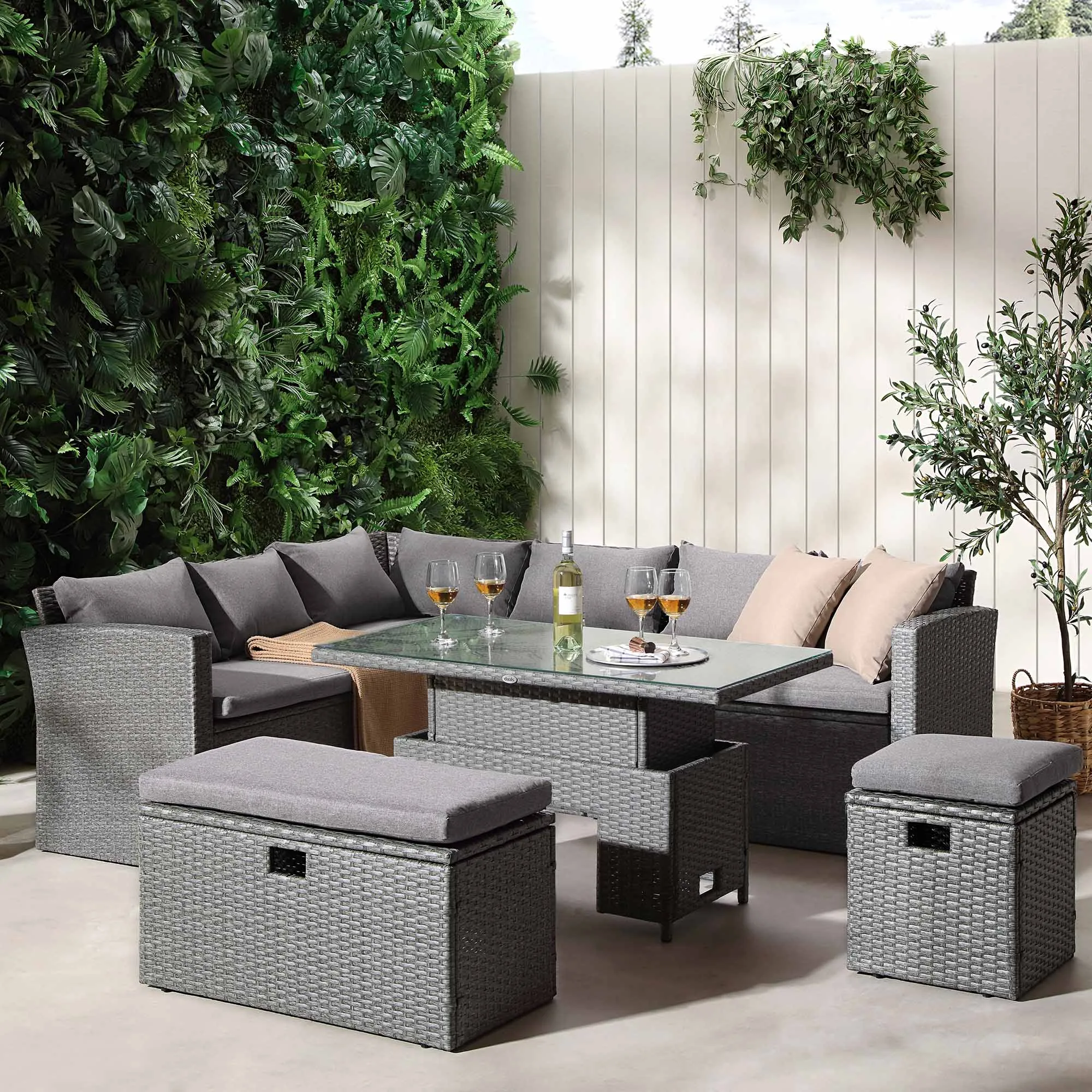 Granchester Rattan Rectangular Corner Dining Sofa Set with Rising Table, Grey