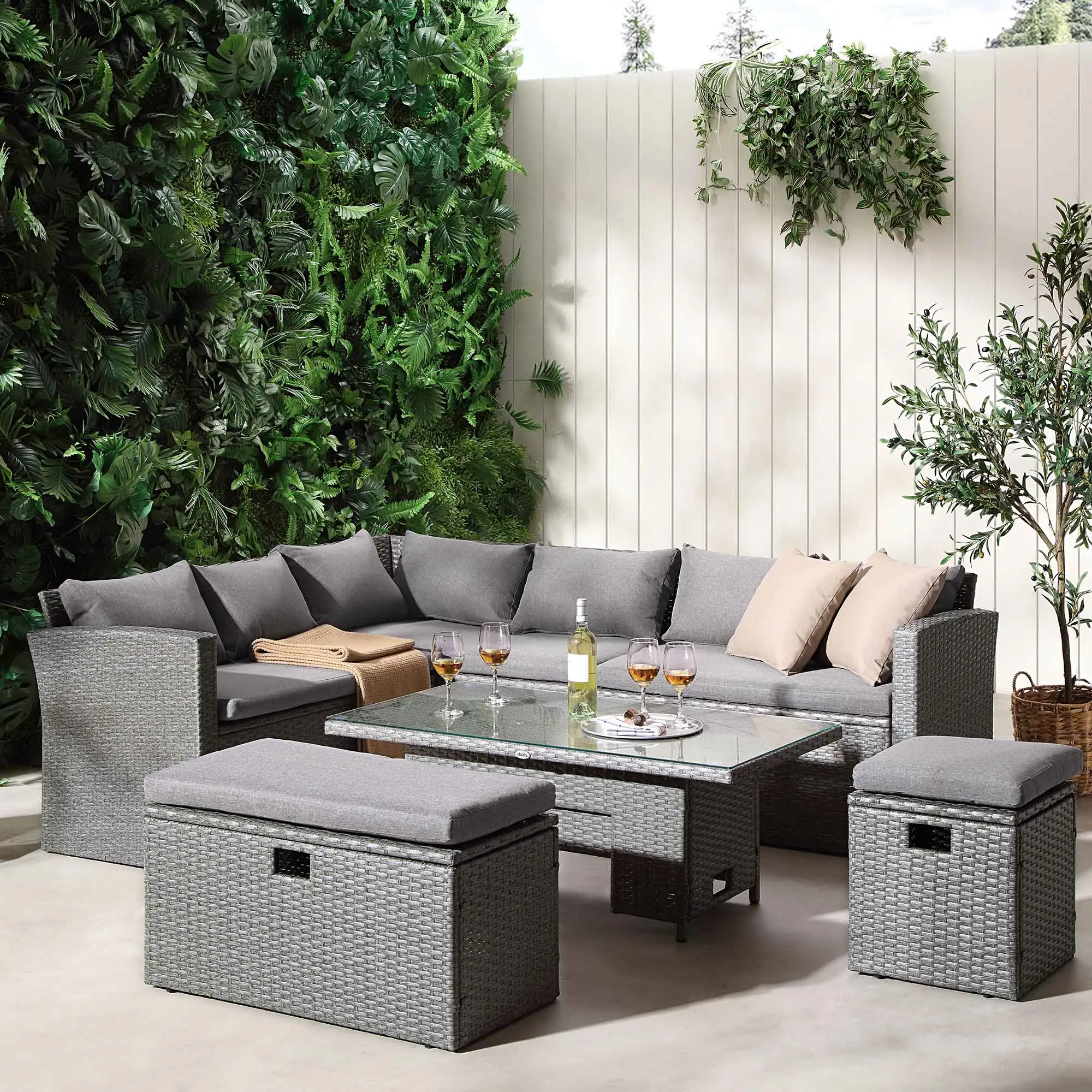 Granchester Rattan Rectangular Corner Dining Sofa Set with Rising Table, Grey