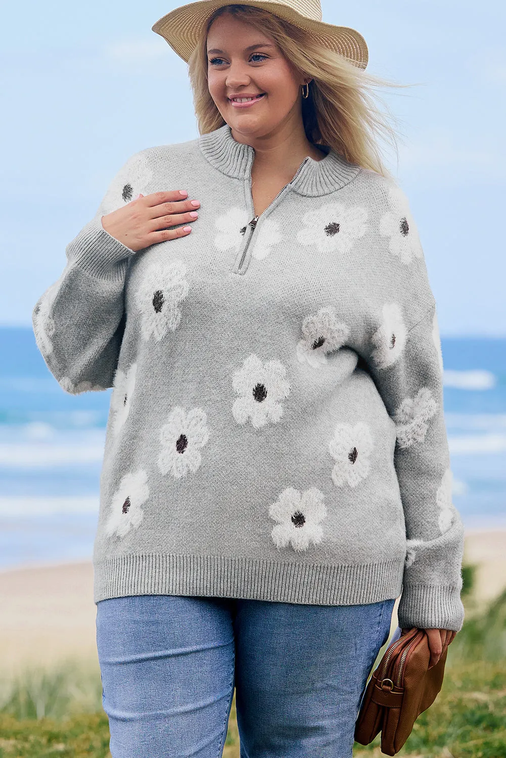 Gray Plus Size Embroidered Floral Pattern Half Zip Sweater