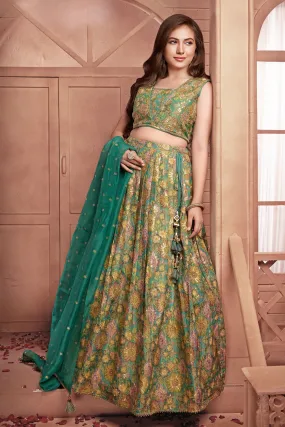 Green Zari, Sequins and Beads work with Floral Print Lehenga Choli for Girls