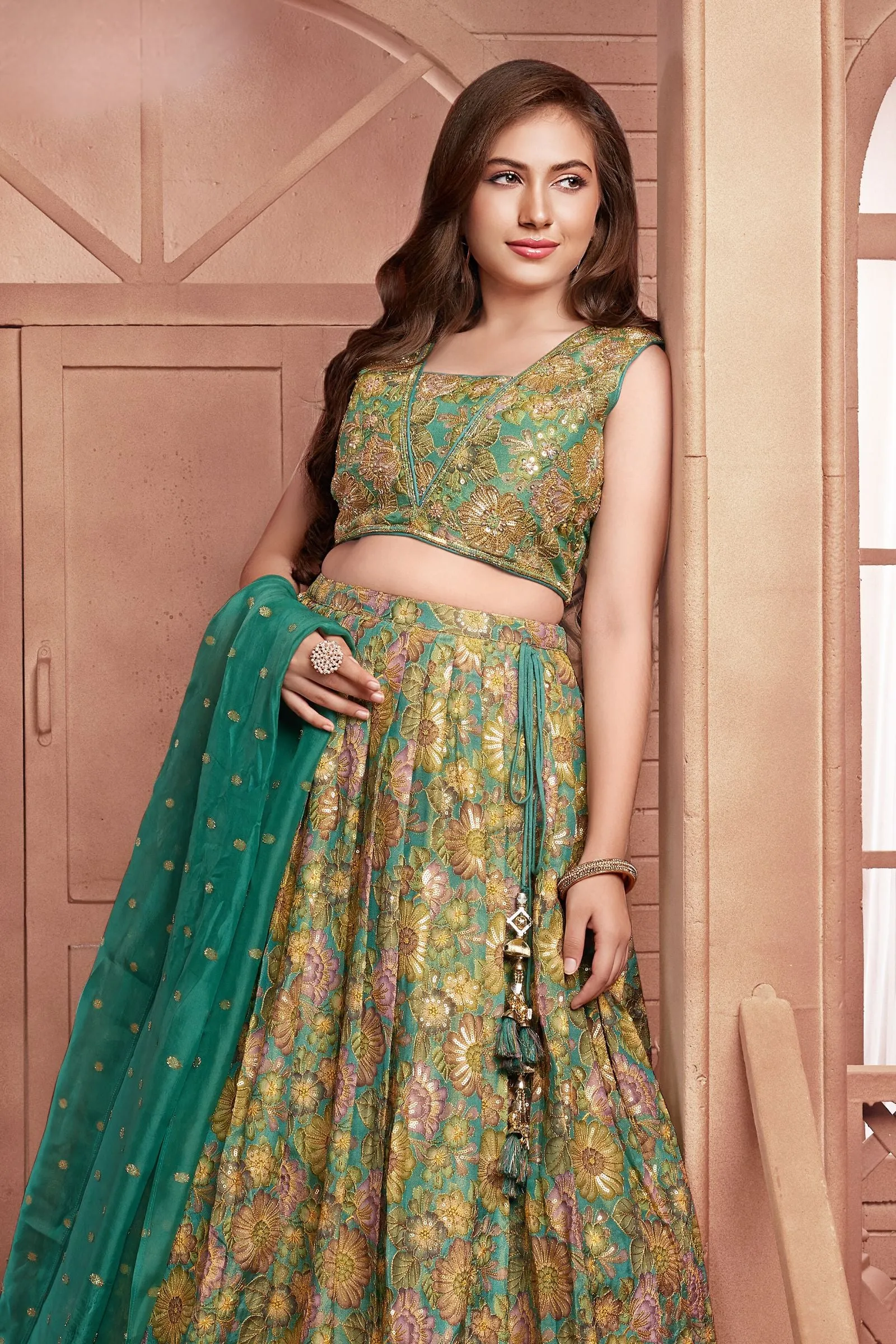 Green Zari, Sequins and Beads work with Floral Print Lehenga Choli for Girls