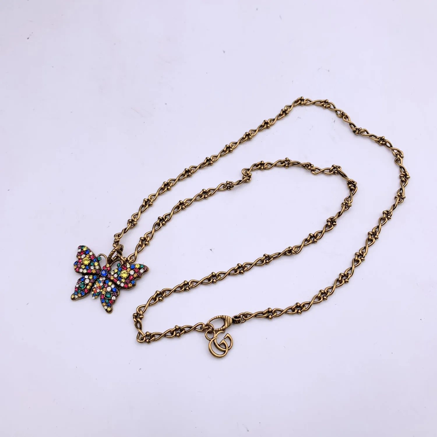 Gucci Aged Gold Metal Butterfly Necklace with Multicolor Crystal