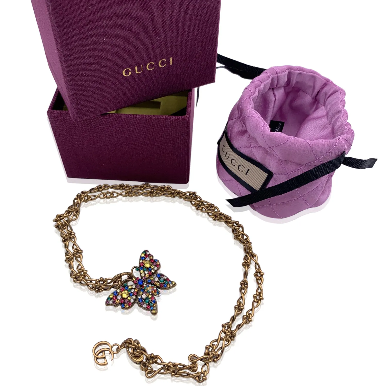 Gucci Aged Gold Metal Butterfly Necklace with Multicolor Crystal