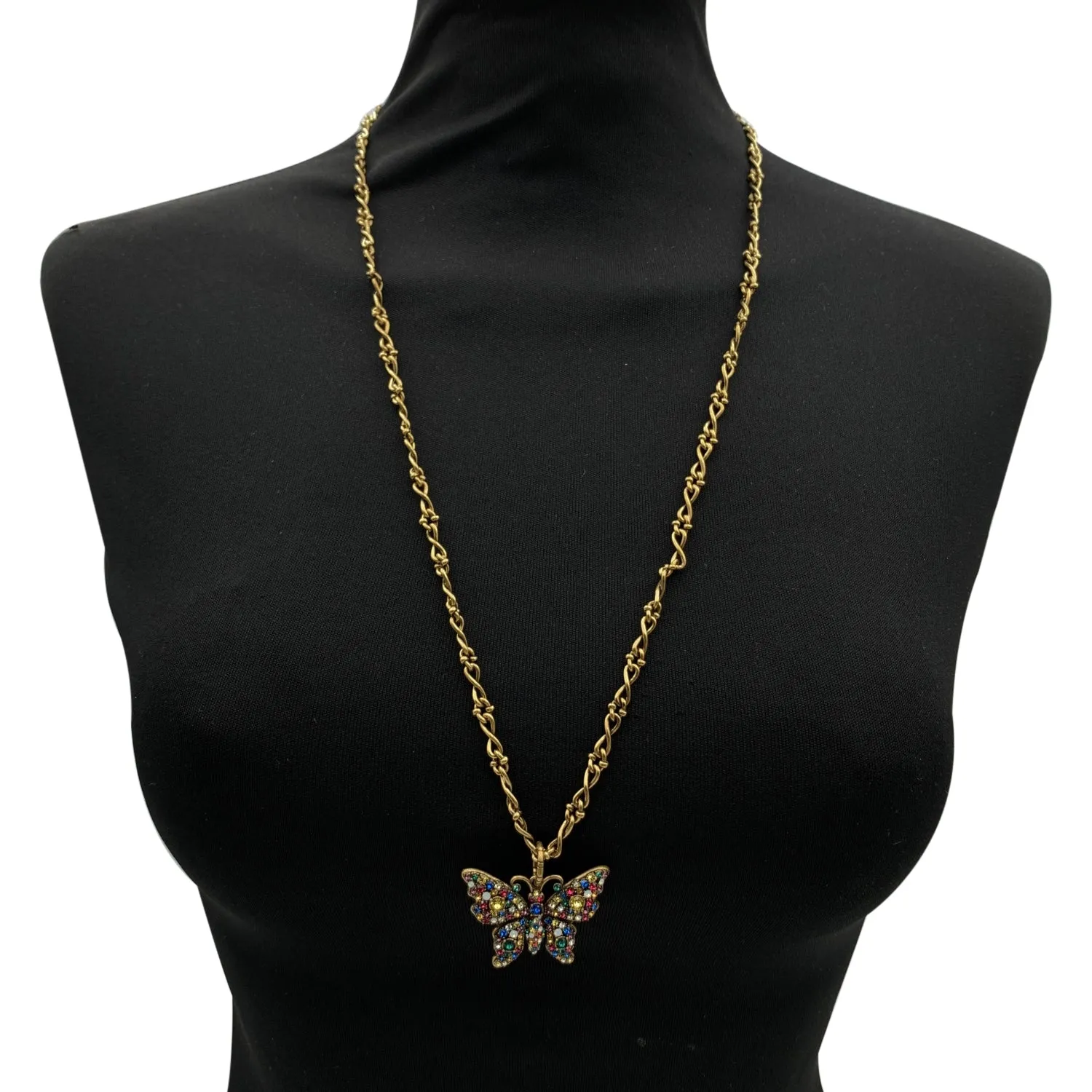 Gucci Aged Gold Metal Butterfly Necklace with Multicolor Crystal