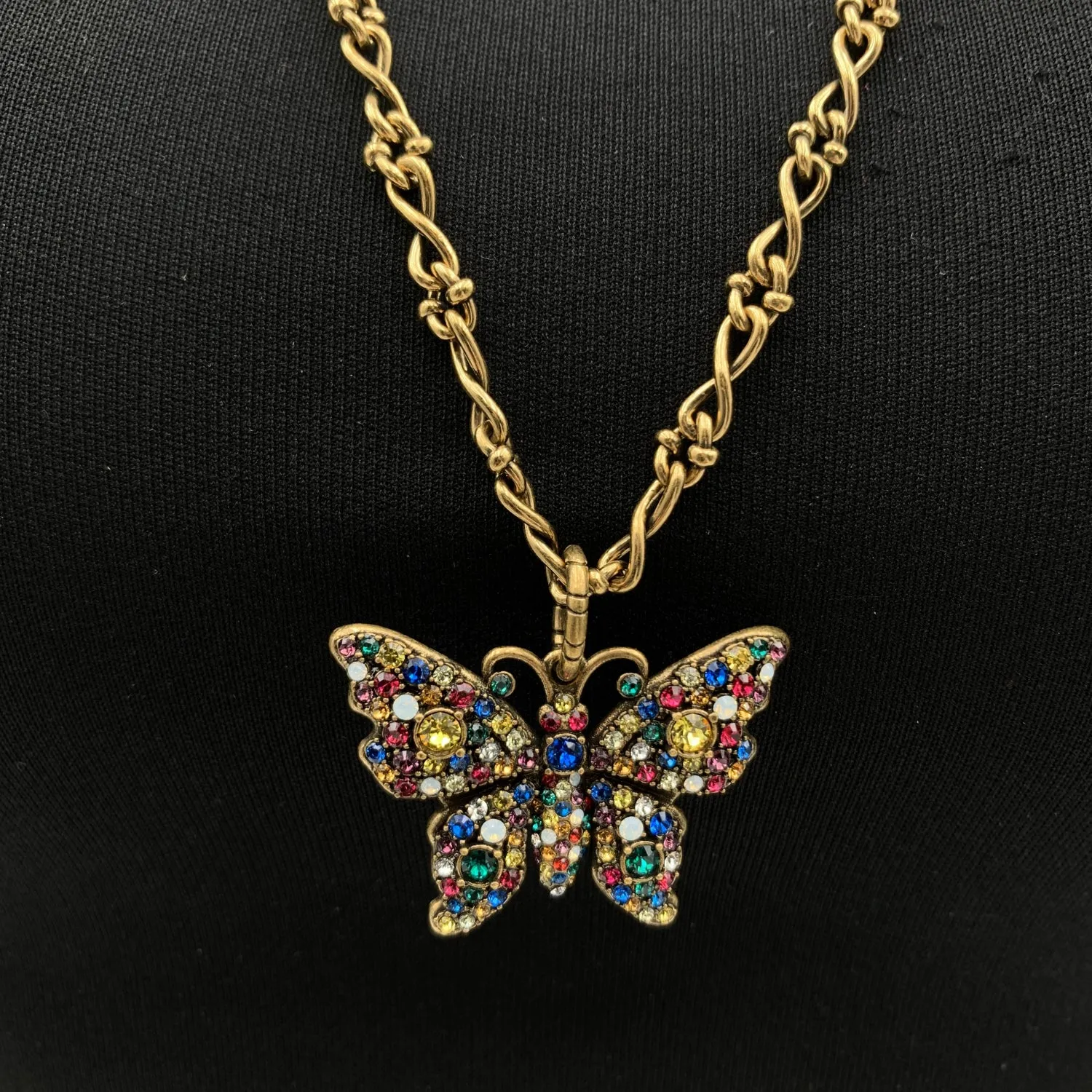 Gucci Aged Gold Metal Butterfly Necklace with Multicolor Crystal