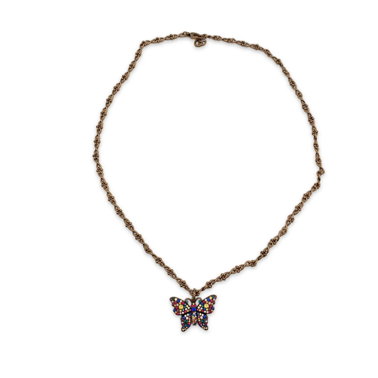 Gucci Aged Gold Metal Butterfly Necklace with Multicolor Crystal