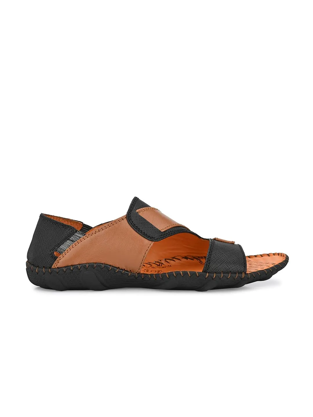 Hitz Men's Black Tan Leather Slip-On Casual Sandals