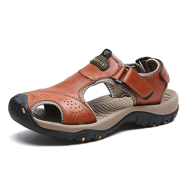 Men's Round Toe Plain Leather Strap Hook & Loop Closure Casual Sandals