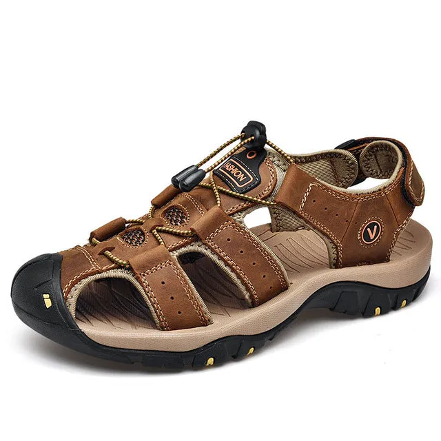 Men's Round Toe Plain Leather Strap Hook & Loop Closure Casual Sandals