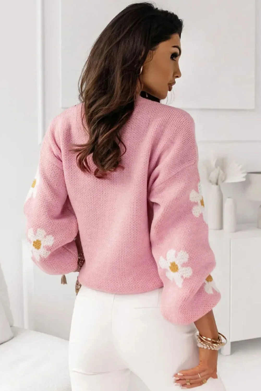 Pink Floral Pattern Drop Shoulder Sweater