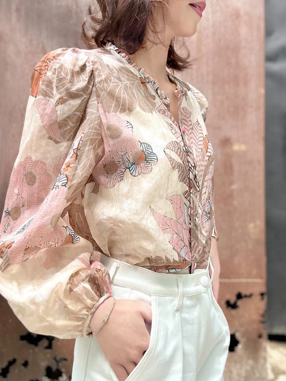 Pinky Floral Ruffle Collar Balloon Sleeve Cotton Silk Blouse