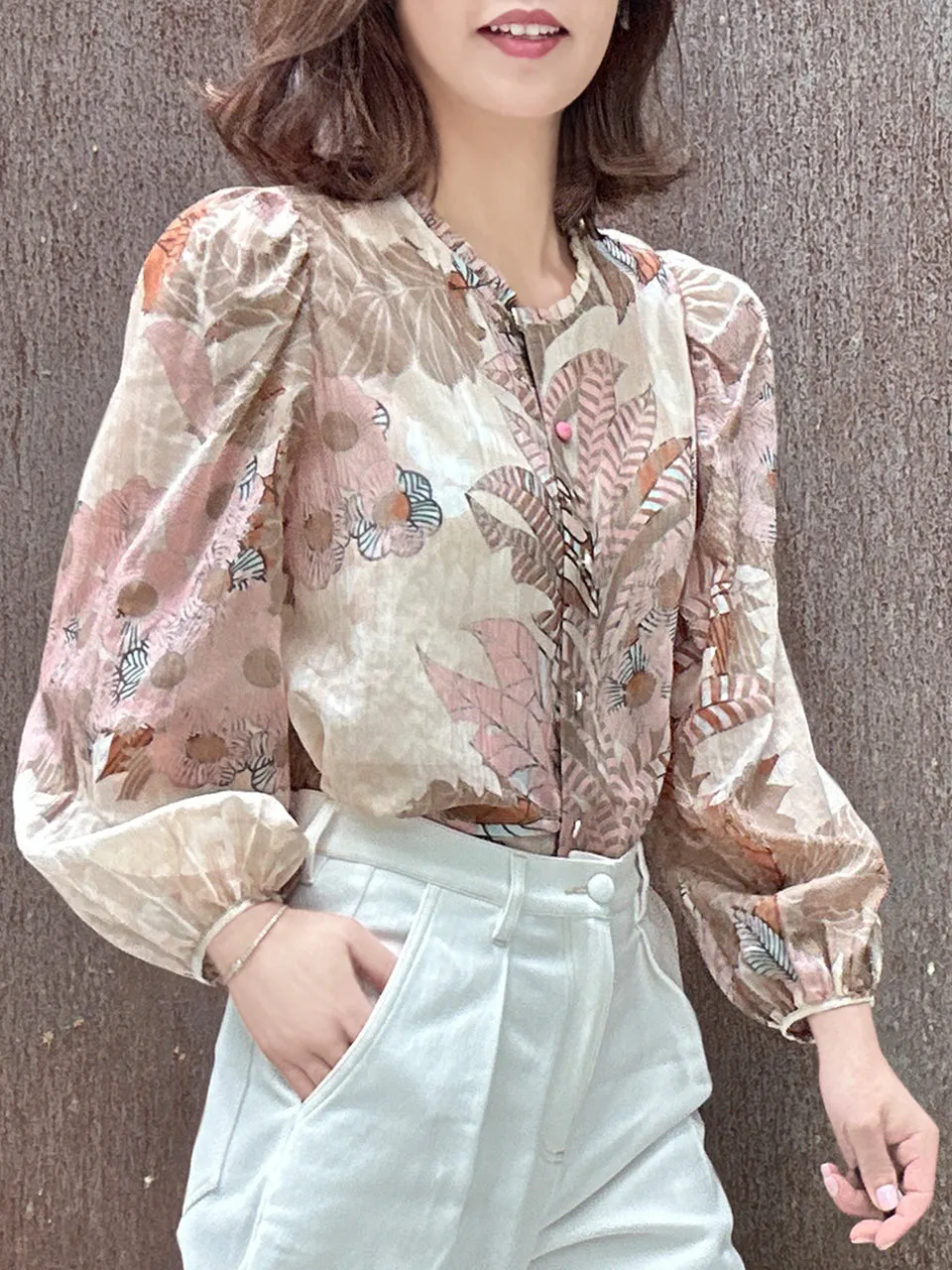 Pinky Floral Ruffle Collar Balloon Sleeve Cotton Silk Blouse