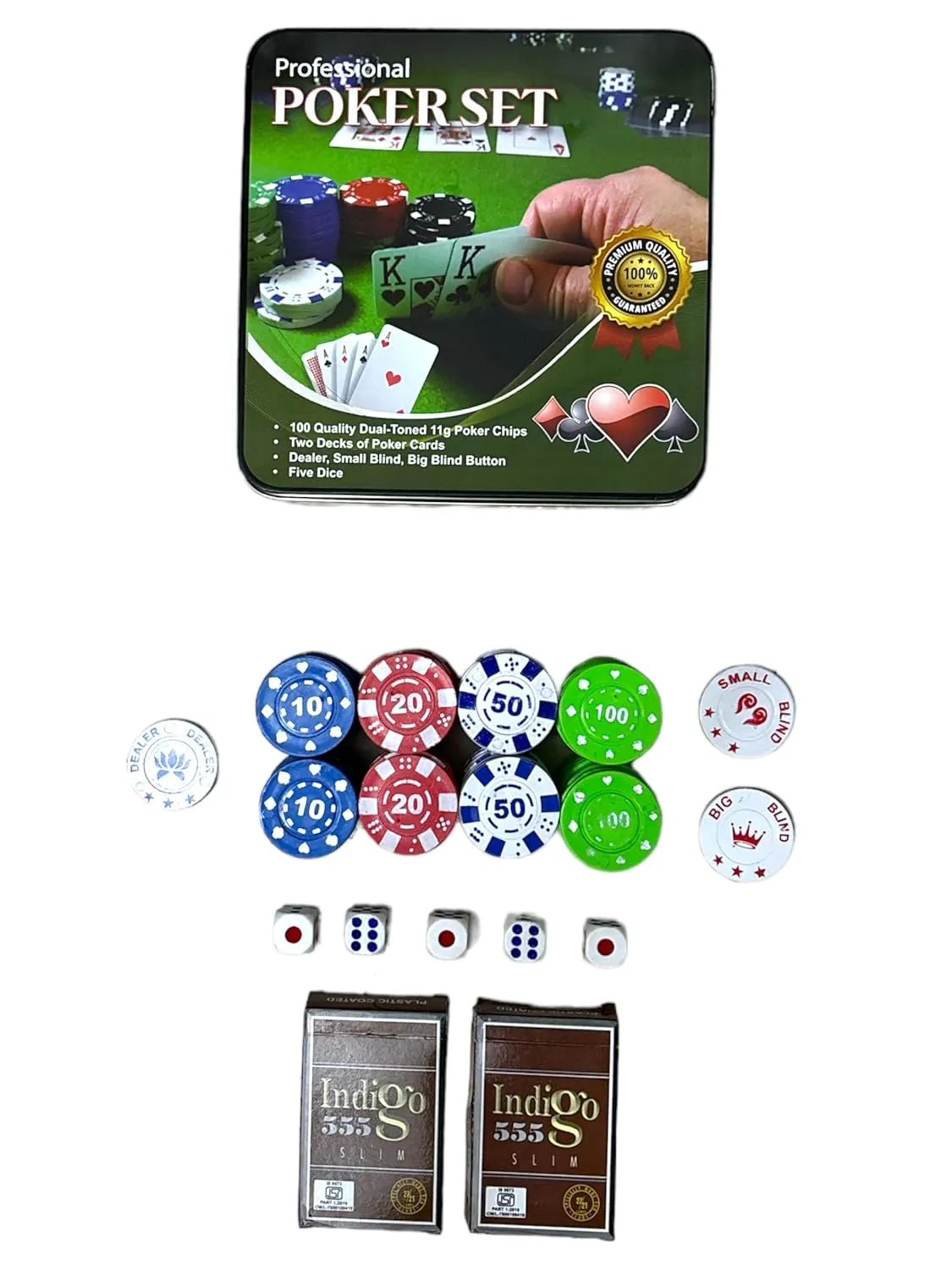 Professional Poker Set with Dual Toned Poker Chips, 2 Card Decks and Dice (Multicolor)