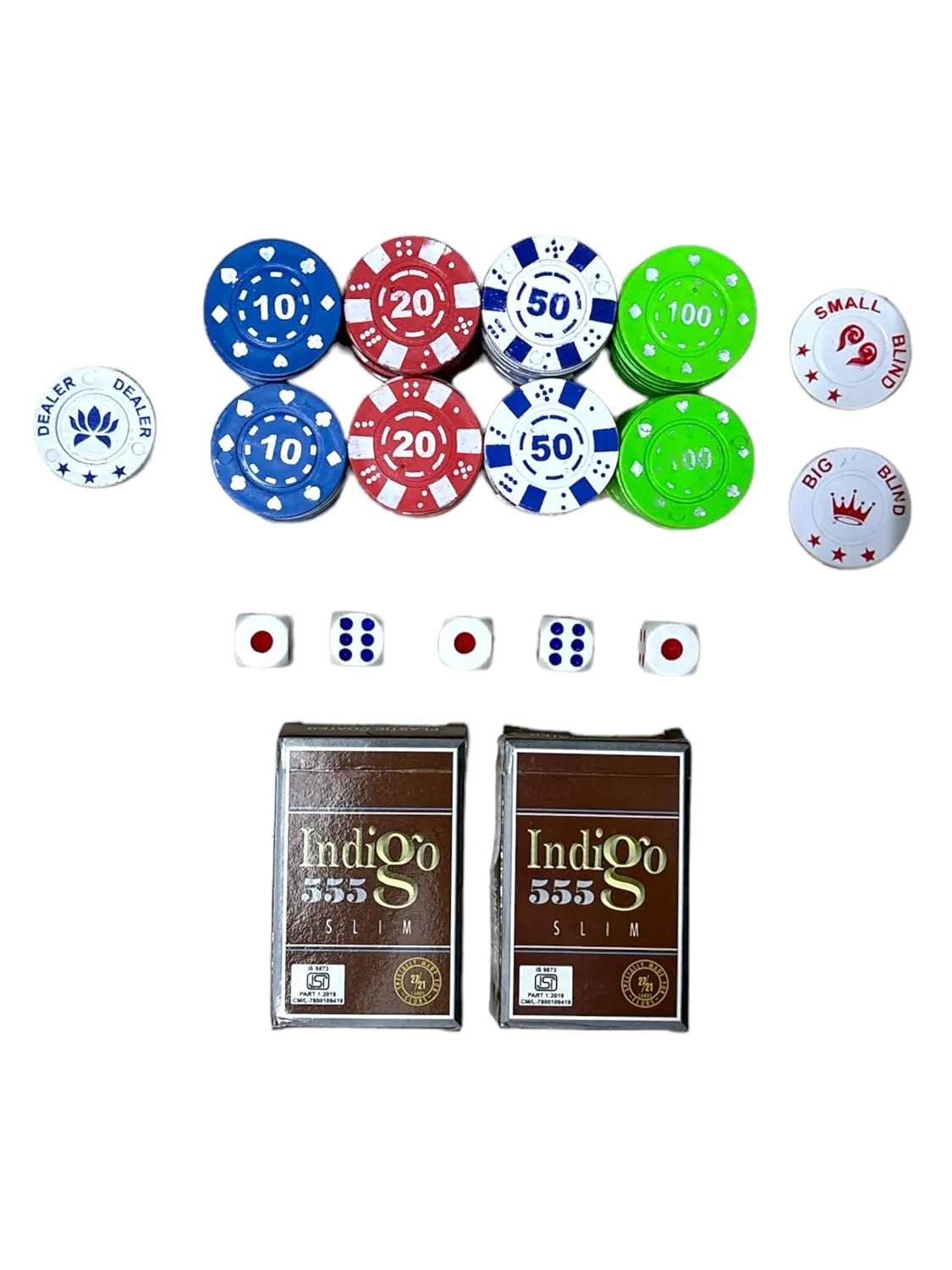 Professional Poker Set with Dual Toned Poker Chips, 2 Card Decks and Dice (Multicolor)