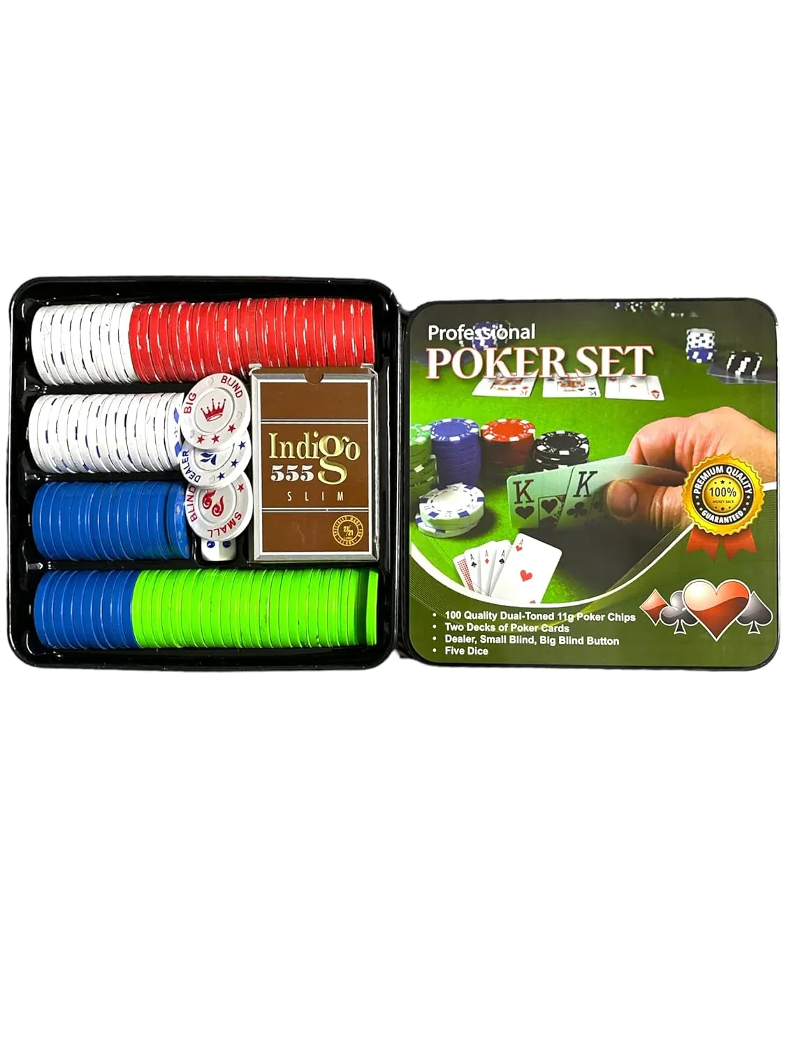 Professional Poker Set with Dual Toned Poker Chips, 2 Card Decks and Dice (Multicolor)