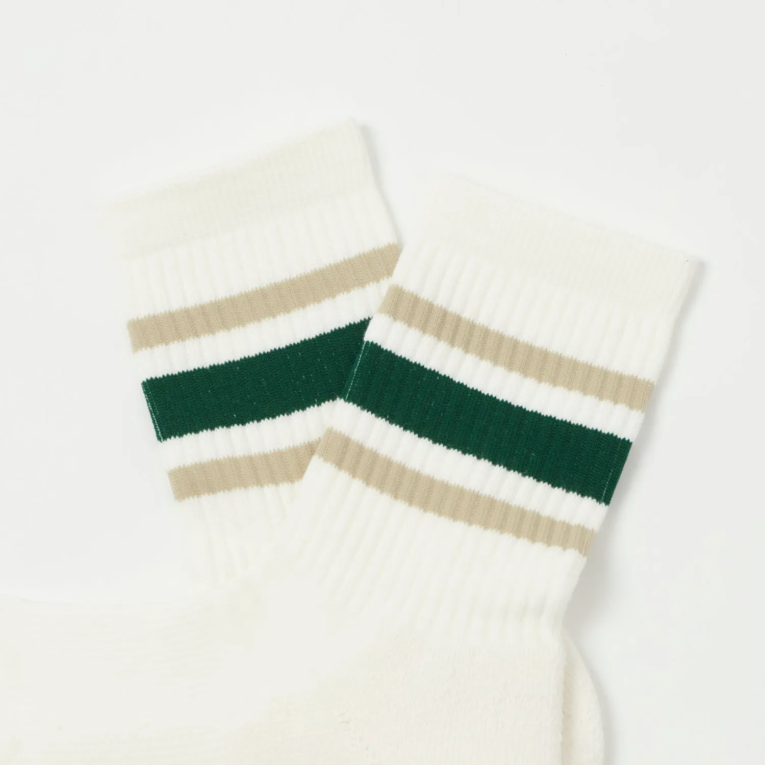 RoToTo Washi Cushion Stripe Crew Sock - Beige/Green