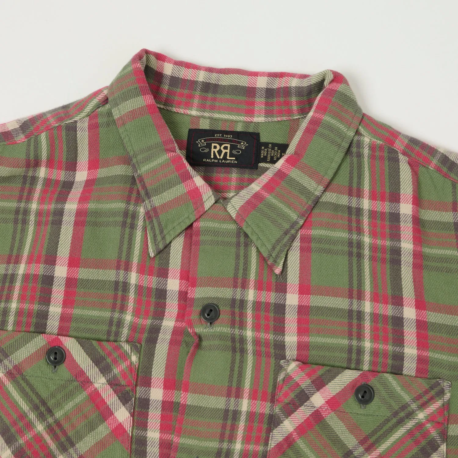 RRL Plaid Twill Camp Shirt- Green/Pink