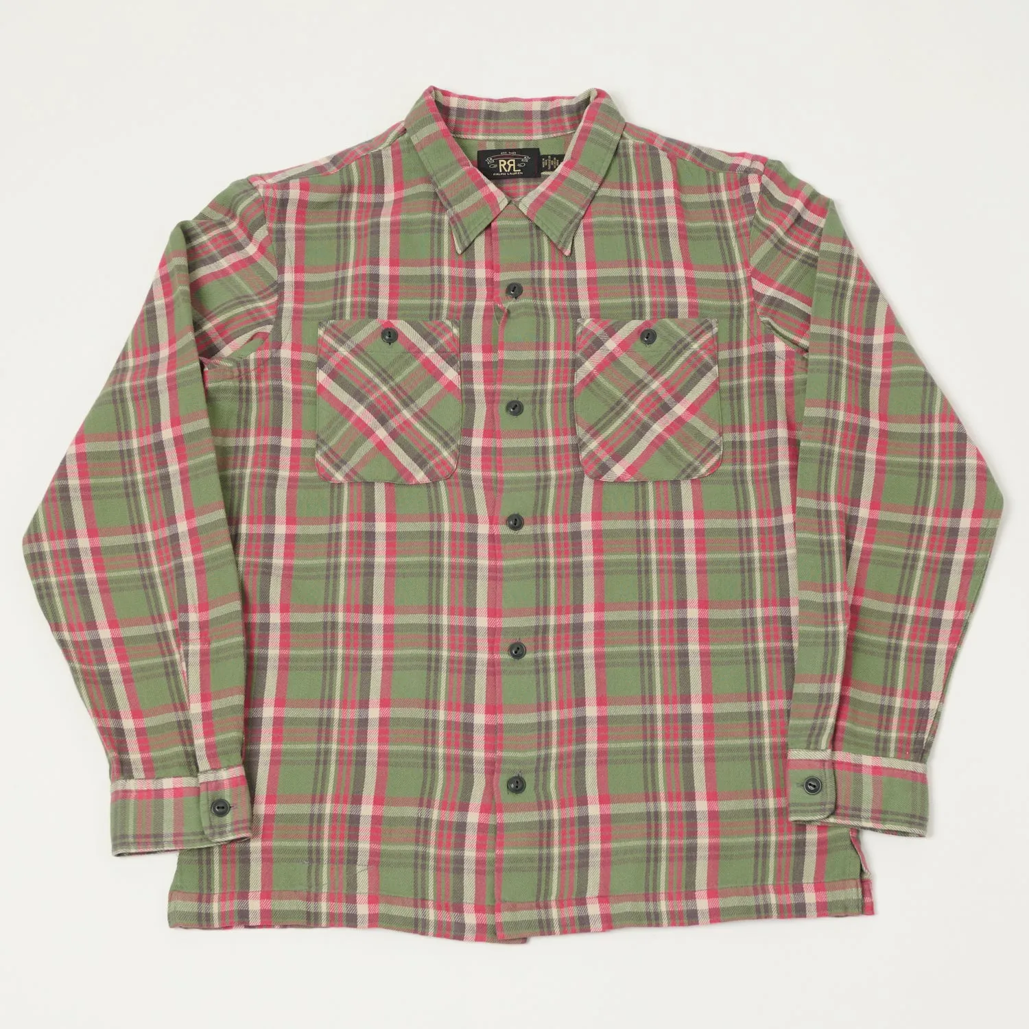 RRL Plaid Twill Camp Shirt- Green/Pink