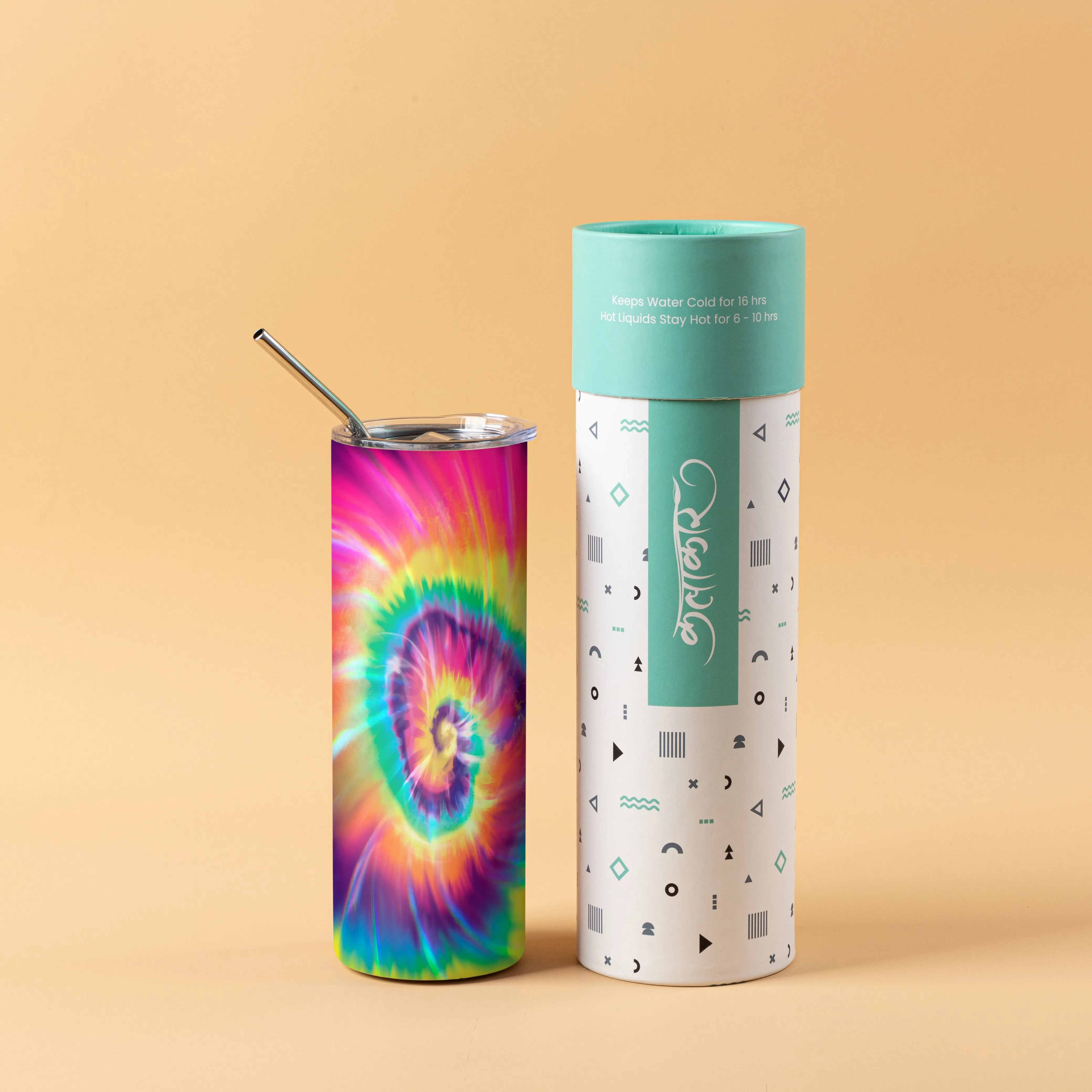 Stainless Steel Designer Water Bottle With Metal Straw ( Multicolor Tie Die )