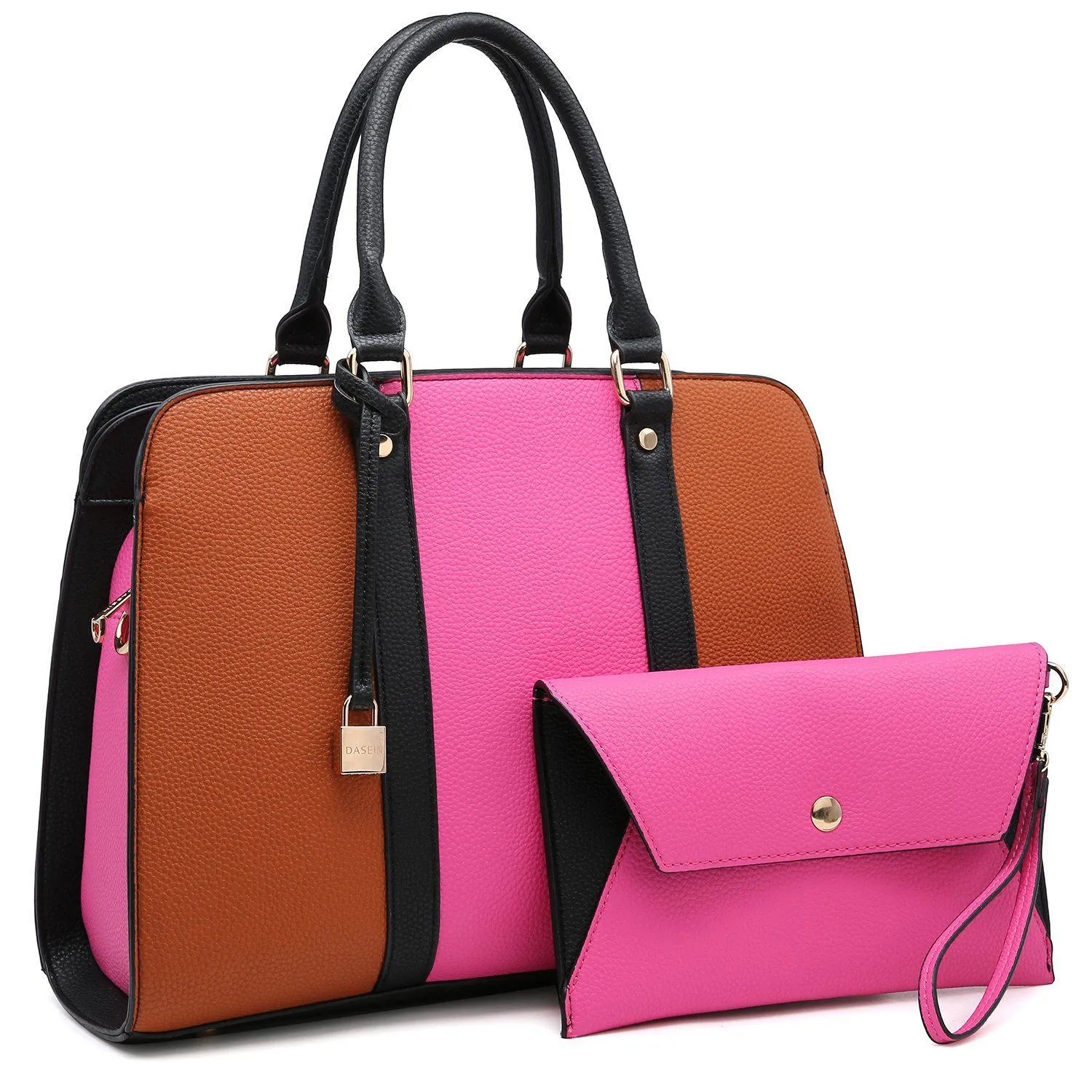 Two-Tone Padlock Satchel with Matching Wristlet