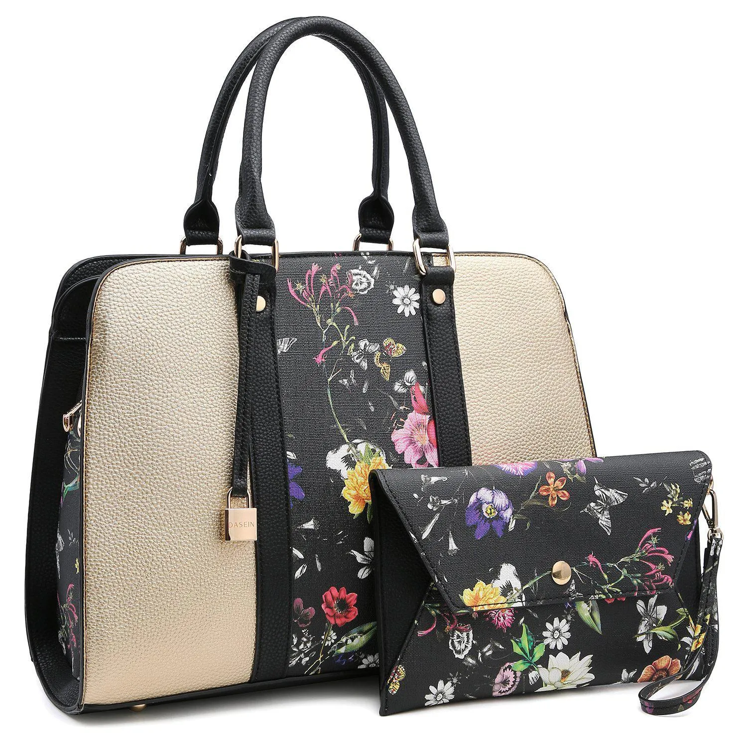 Two-Tone Padlock Satchel with Matching Wristlet