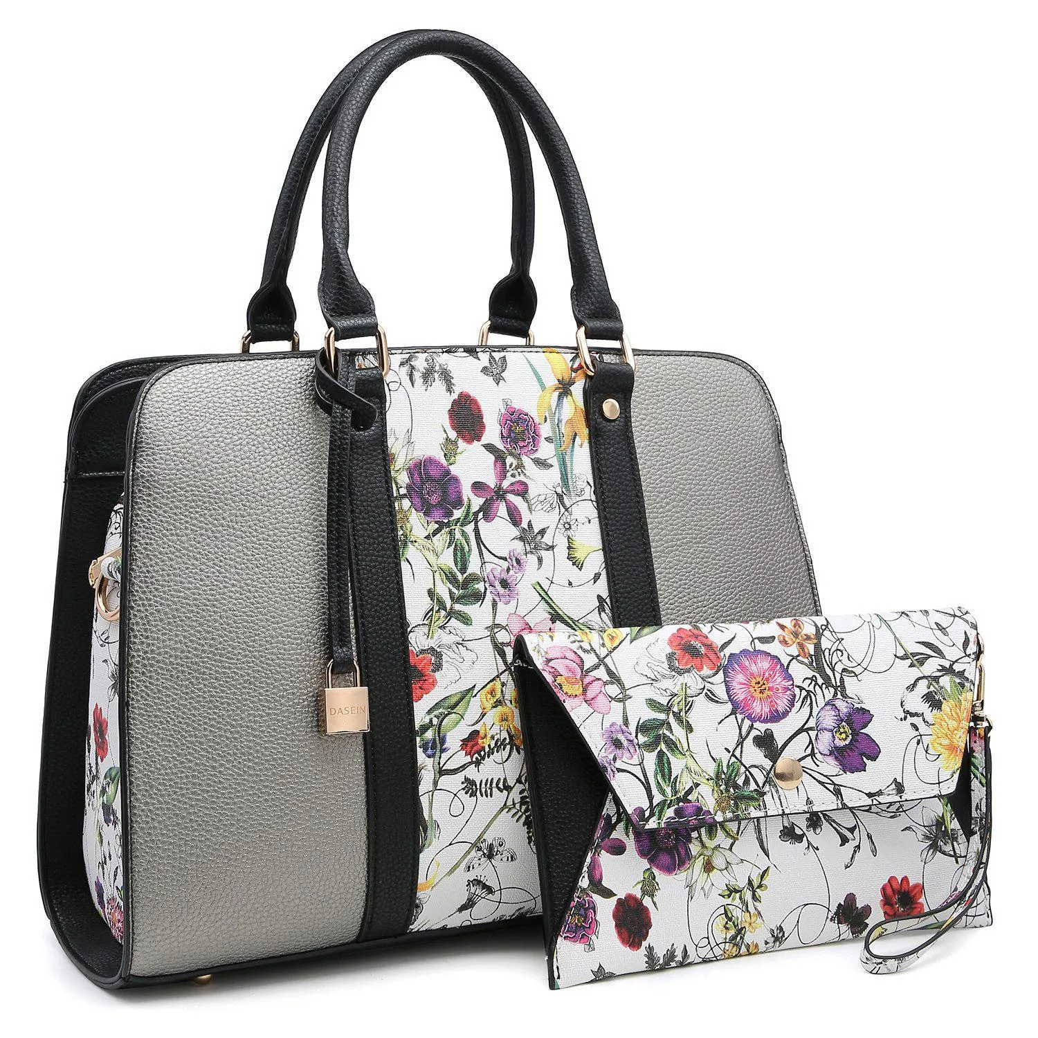 Two-Tone Padlock Satchel with Matching Wristlet