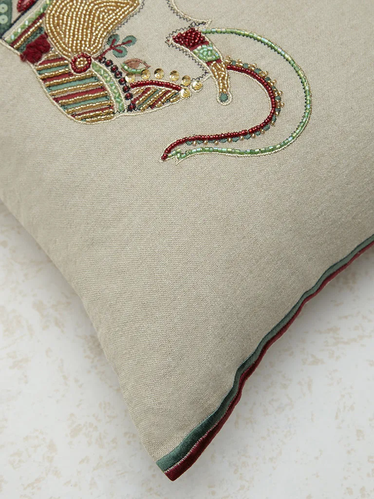 Westside Home Beige Elephant Embroidered Cushion Cover