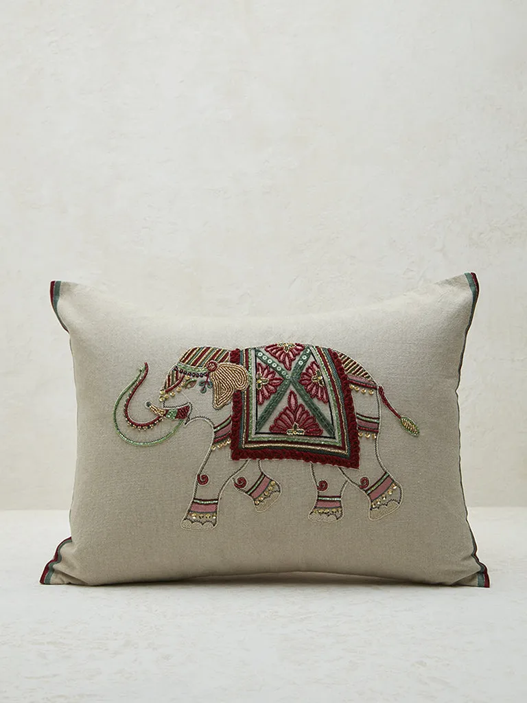 Westside Home Beige Elephant Embroidered Cushion Cover