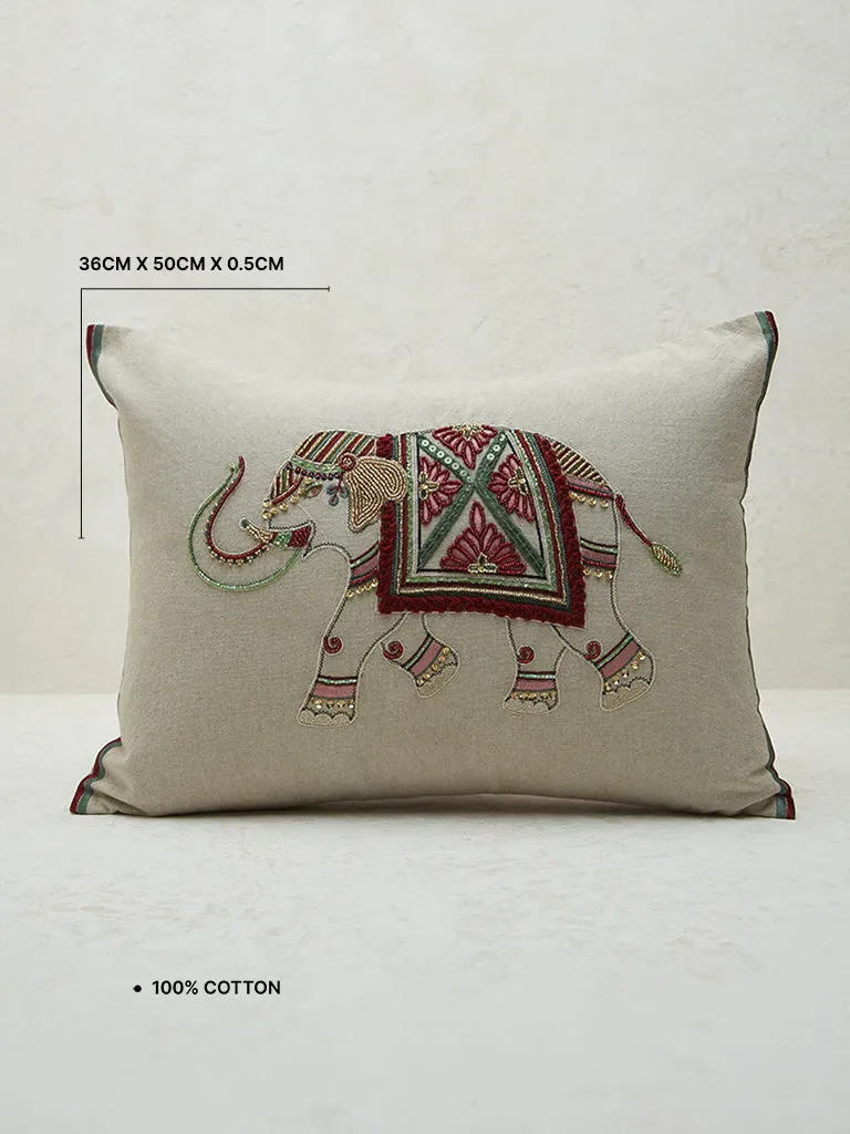 Westside Home Beige Elephant Embroidered Cushion Cover