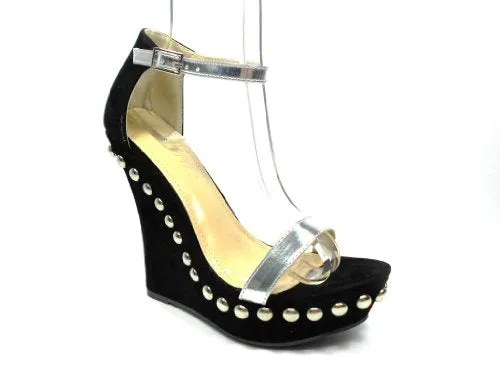 Women's Mallika-34 Embellishment Stud Meatallic Strap Wedge Sandals